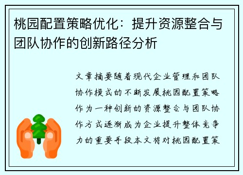 桃园配置策略优化：提升资源整合与团队协作的创新路径分析