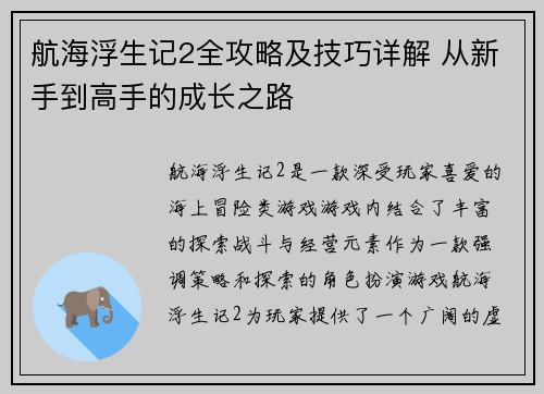 航海浮生记2全攻略及技巧详解 从新手到高手的成长之路