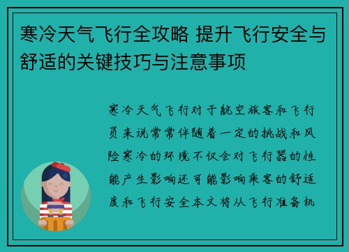 寒冷天气飞行全攻略 提升飞行安全与舒适的关键技巧与注意事项 寒冷天气飞行全攻略 提升飞行安全与舒适的关键技巧与注意事项